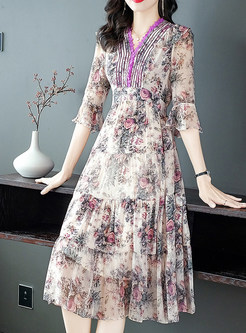 V-Neck Half Sleeve Silk Floral Summer Dresses