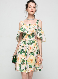 Casual Floral Print Off Shoulder Trumpet Sleeve Dress