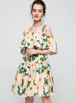 Casual Floral Print Off Shoulder Trumpet Sleeve Dress