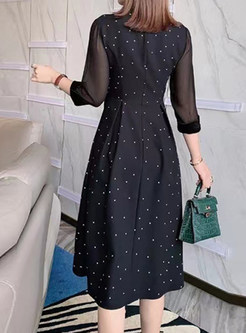 Mesh Patchwork Polka Dot Black Dresses with Bowknot