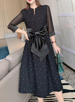 Mesh Patchwork Polka Dot Black Dresses with Bowknot