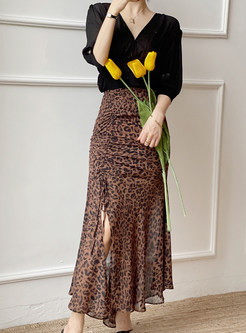 V-Neck Short Sleeve Blouses and Leopard Print Mermaid Long Skirt Sexy Skirt Suit