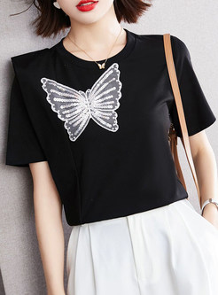 Soft Crew Neck Butterfly Decoration Short Sleeve Tees for Women