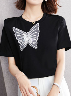 Soft Crew Neck Butterfly Decoration Short Sleeve Tees for Women