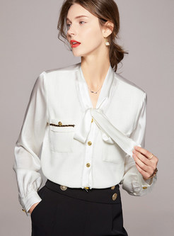Women Bow Tie Neck Silk Blouse With Pockets