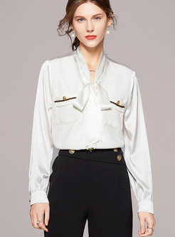 Women Bow Tie Neck Silk Blouse With Pockets