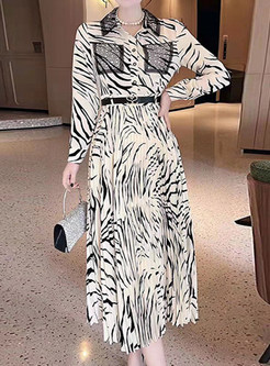 Leopard Print Pleated Shirt Long Dresses with Belt