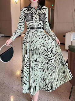 Leopard Print Pleated Shirt Long Dresses with Belt