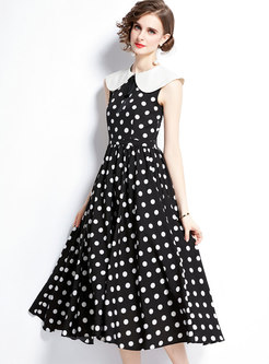 Women Sleeveless Dot Print Midi Party Dress