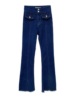 Women High Waist Slit Bottom Denim Jeans