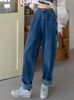 Women's Fashion High Waisted Wide Leg Straight Baggy Jeans