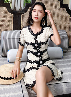 Women Short Sleeve Lace Bow Decoration Button Mini Dress