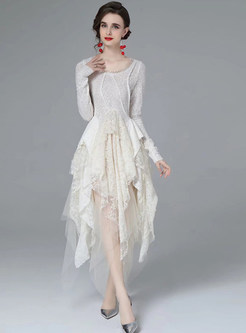 Mesh Patchwork High-Low White Dresses