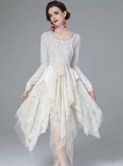 Mesh Patchwork High-Low White Dresses