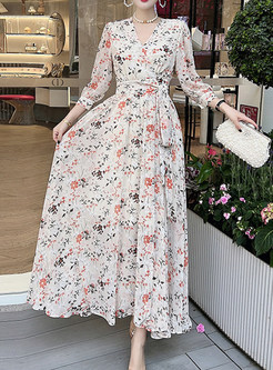 Boho V-Neck Floral Print Wrap Waist Maxi Dresses