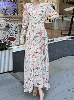 Boho V-Neck Floral Print Wrap Waist Maxi Dresses