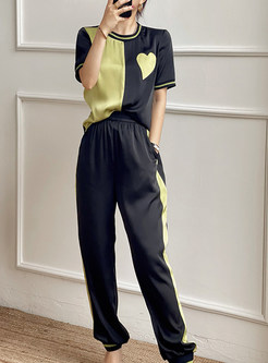 Patchwork Short Sleeve Satin Tees and Sports Pants Women Pant Suits