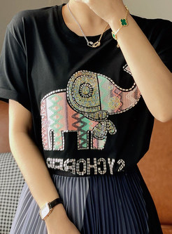 Summer Embroidered and Rhinestones Decoration Women Tees