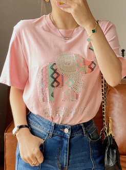 Summer Embroidered and Rhinestones Decoration Women Tees