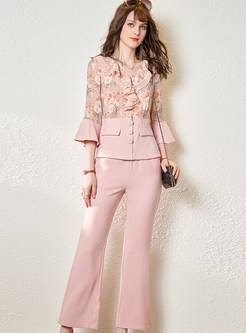 Fashion Flare Sleeve Patchwork Top & Flare Pants Suits for Women