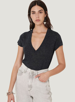 Women Deep V-Neck Short Sleeve Cotton Basic T-shirt