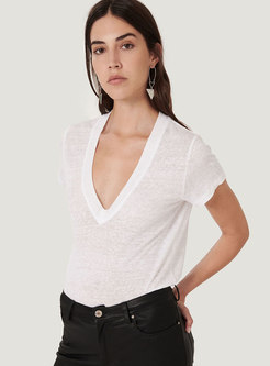 Women Deep V-Neck Short Sleeve Cotton Basic T-shirt