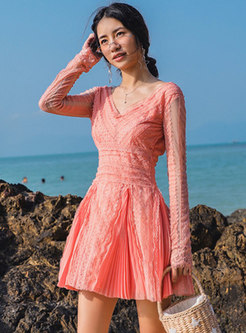 Long Sleeve V-Neck Boho Beach Short Dress