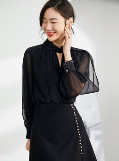 High Fashion Ruff Sleeve Black Shirt Blouse