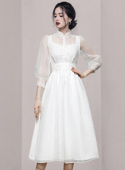 Women Elegant Shirred Waist White Midi Dress