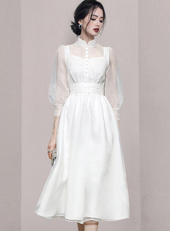 Women Elegant Shirred Waist White Midi Dress