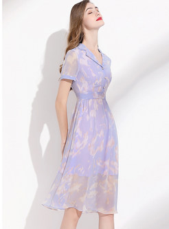 Summer Chiffon Large Lapels High Waisted Print Midi Dresses