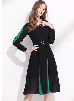 V-Neck Color-Blocked Chiffon Black Dresses With Belt