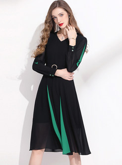 V-Neck Color-Blocked Chiffon Black Dresses With Belt