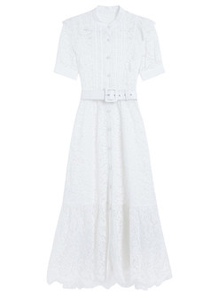Button Front White Lace Dresses With Belt