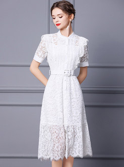 Button Front White Lace Dresses With Belt