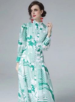 Elegant Single-Breasted Geometric Print Maxi Dresses