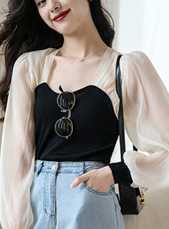 Sexy Square Neck Puff Sleeve Patchwork Knit Tops