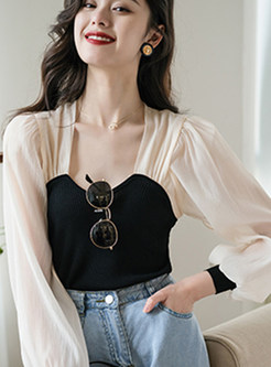 Sexy Square Neck Puff Sleeve Patchwork Knit Tops