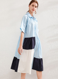 Short Sleeve Color-Blocked Casual Midi Shirt Dresses