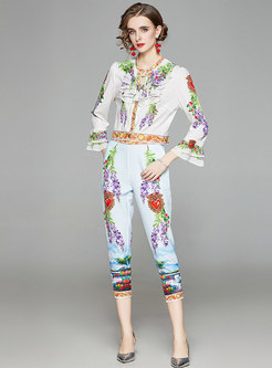 Women Long Sleeve Floral Print Pant Suit