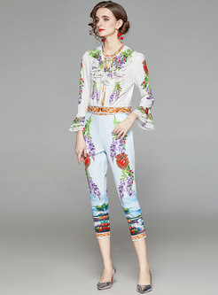 Women Long Sleeve Floral Print Pant Suit