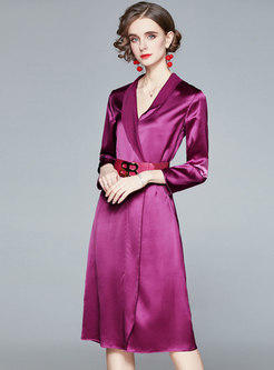 Elegant V-neck Long Sleeve Satin Midi Dress