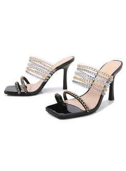 Women Square Toe Chain Strap Heeled Sandals