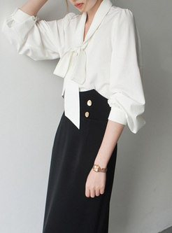 Women Bow Tie Neck Latern Sleeve Loose Blouse