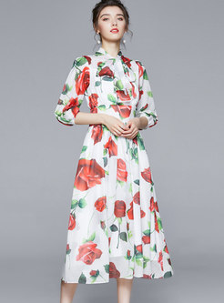 Summer Bow Tie Neck Floral Print Chiffon Midi Dress