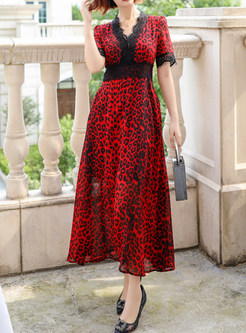 Leopard Print Lace Splicing Maxi Dresses