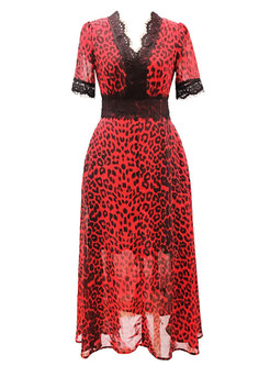 Leopard Print Lace Splicing Maxi Dresses