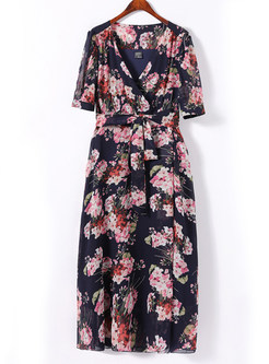 Summer Chiffon V-Neck Floral Print Side Slit Beach Dresses