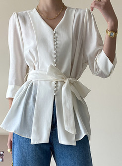 Women V-Neck Button Front Work Tops With Belt