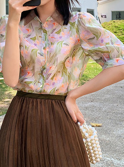 Women's Mesh Puff Sleeve Floral Print Shirts Tops